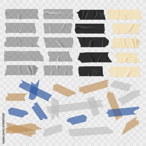 Scotch tape. Old and black grunge, transparent adhesive tapes, sticky duct piece vector set