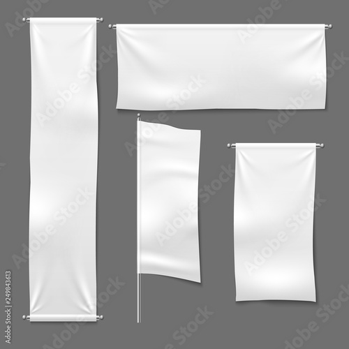 Flag and hanging banners. White advertising blank textile banner fabric horizontal cloth sign, textile ribbons set