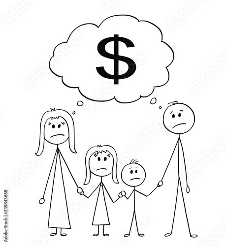 Cartoon stick figure drawing conceptual illustration of unhappy family, couple of man and woman and two children with dollar as money symbol.