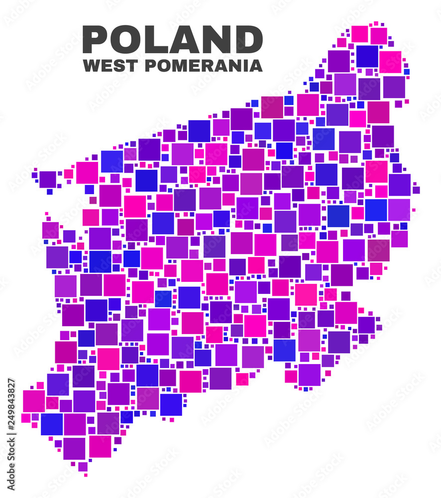 Mosaic West Pomeranian Voivodeship map isolated on a white background. Vector geographic abstraction in pink and violet colors.