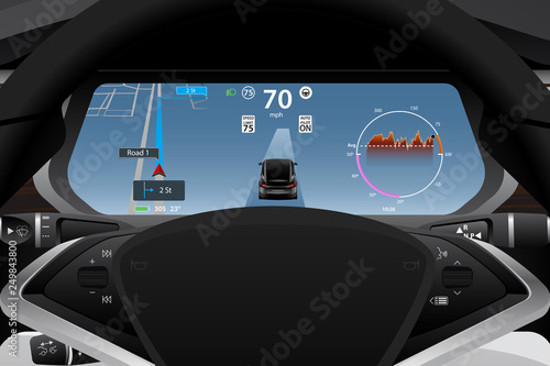 Self driving electric car dashboard display closeup. Vector illustration