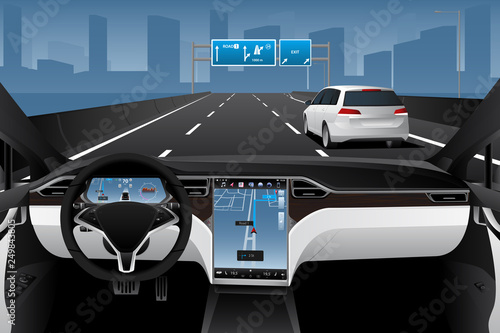 Self driving car on a road. Autonomous vehicle. Inside view. Vector illustration EPS 10