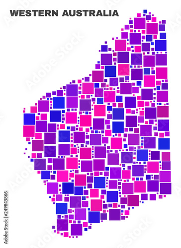 Mosaic Western Australia map isolated on a white background. Vector geographic abstraction in pink and violet colors. Mosaic of Western Australia map combined of random small squares.