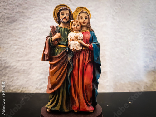 Toy figures of baby Jesus with mother virgin Mary and father Joseph