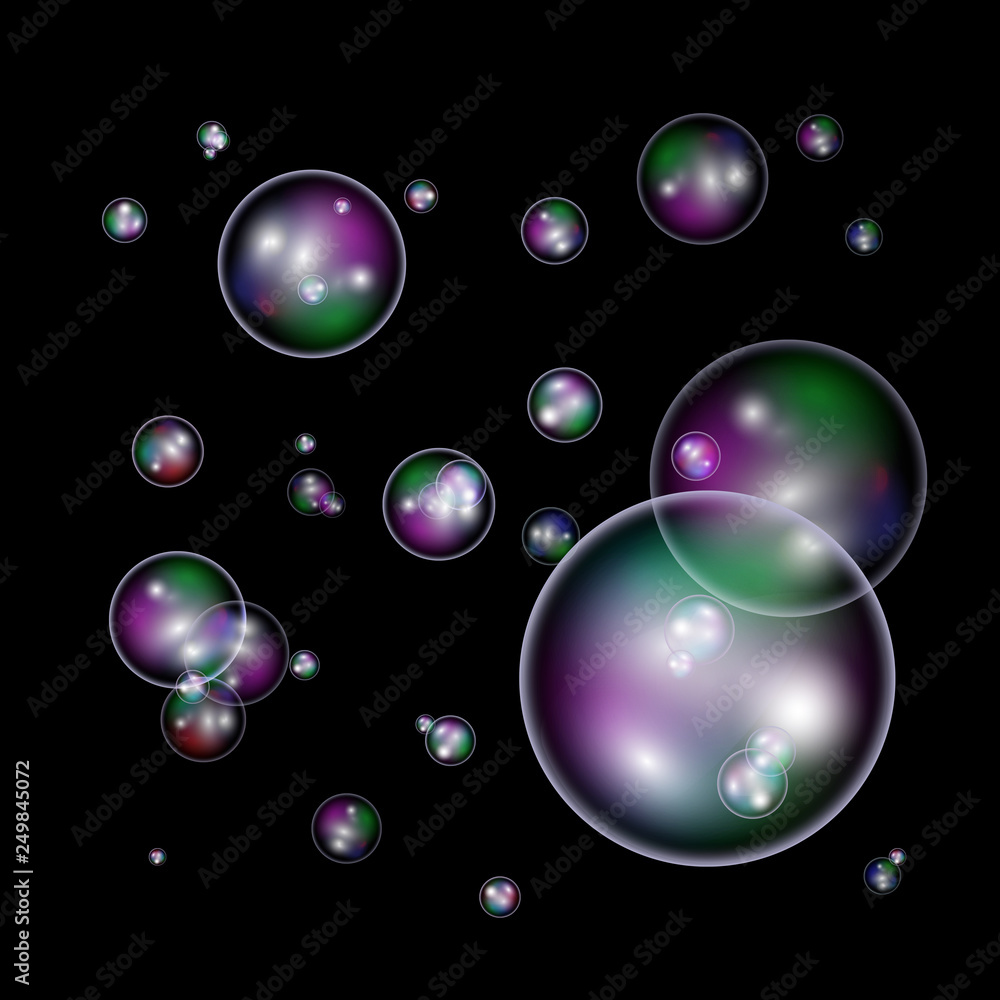 Soap bubbles soar against a black background. Vector illustration with multi-colored circles