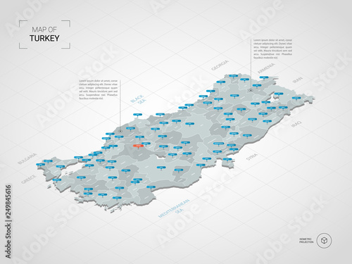 Isometric  3D Turkey map. Stylized vector map illustration with cities, borders, capital, administrative divisions and pointer marks; gradient background with grid.