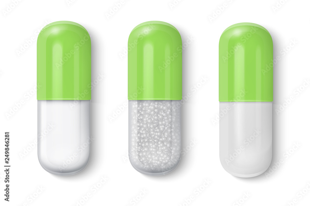 Vector 3d Realistic White and Green Medical Pill Icon Set Closeup Isolated on White Background. Design template of Pills, Capsules for graphics, Mockup. Medical and Healthcare Concept. Top View Vector 3d Realistic White and Green Medical Pill Icon Set Closeup Isolated on White Background. Design template of Pills, Capsules for graphics, Mockup. Medical and Healthcare Concept. Top View