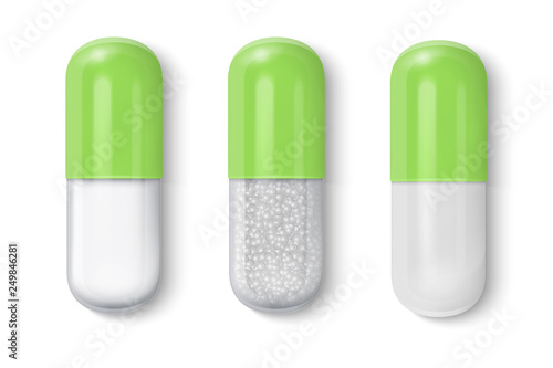 Vector 3d Realistic White and Green Medical Pill Icon Set Closeup Isolated on White Background. Design template of Pills, Capsules for graphics, Mockup. Medical and Healthcare Concept. Top View