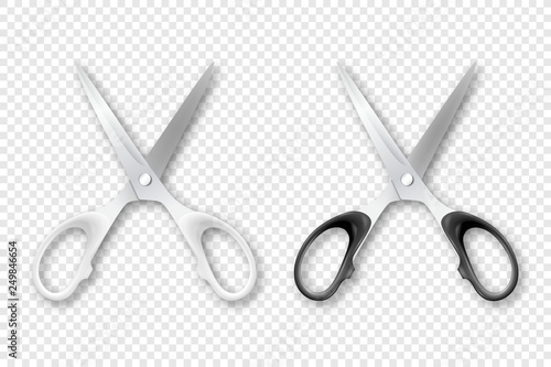 Vector 3d Realistic White and Black Metal Opened Stationery Scissors with Plastic Handles Icon Set Closeup Isolated. Design Template of Classic Scissors for Graphics, Mockup. Top View