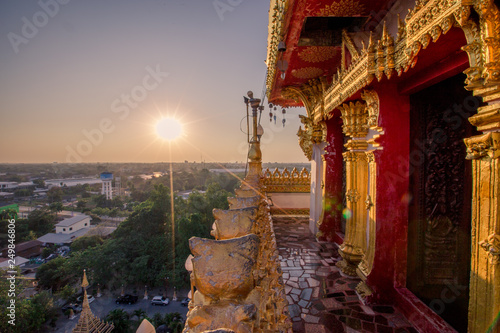 The background of the blurred city view of Khon Kaen city from the height of Phra That Nong Waeng, is a religious tourist destination in Thailand photo