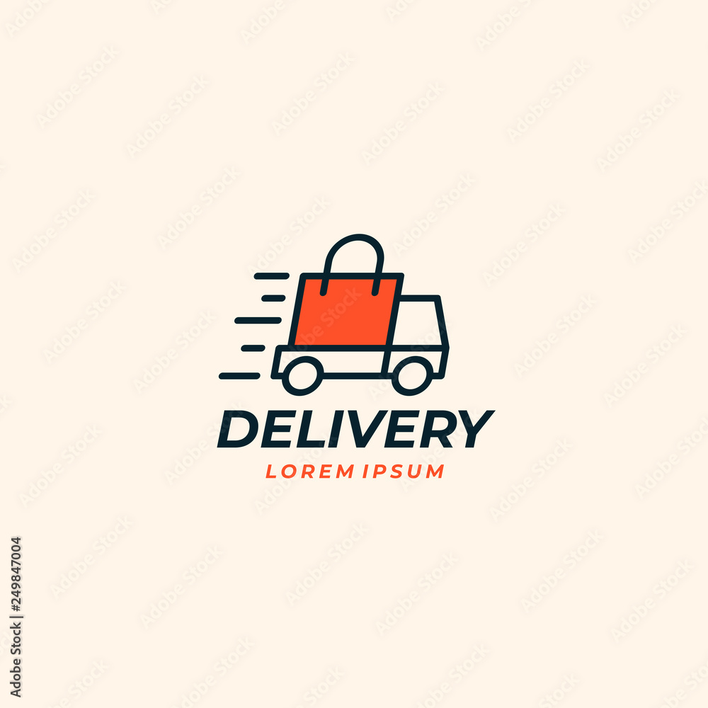 Fast shipping delivery truck with shopping bag. Vector logo icon for apps and websites Fast shipping delivery truck with shopping bag. Vector logo icon for apps and websites