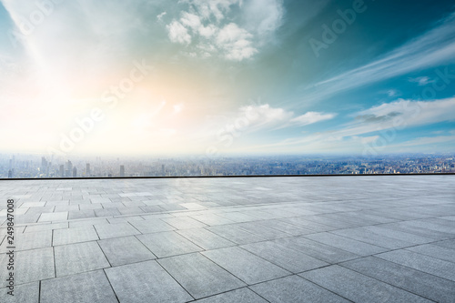 Panoramic city skyline and buildings with empty square floor in Shanghai high angle view