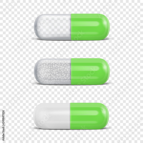 Vector 3d Realistic Green Medical Pill Icon Set Closeup Isolated on Transparency Grid Background. Design Template of Pills, Capsules for Graphics, Mockup. Medical and Healthcare Concept. Front View