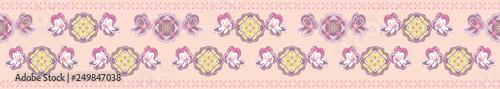 Floral seamless border design in  pastel colors. Flowers groups alternate to create a repeat vector border pattern for textile edging, home decor, roll tape, banners and ribbons.