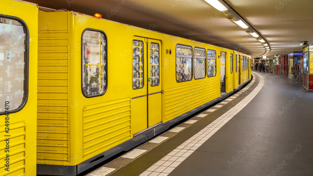 subway train rides the station, a large European city