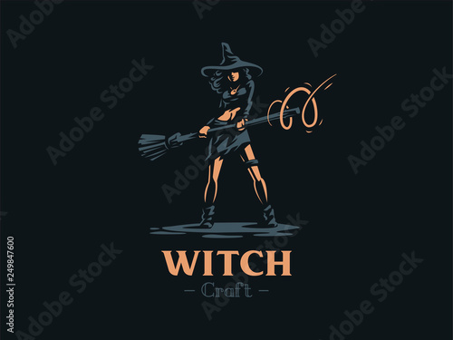 Woman witch with a magic broom.