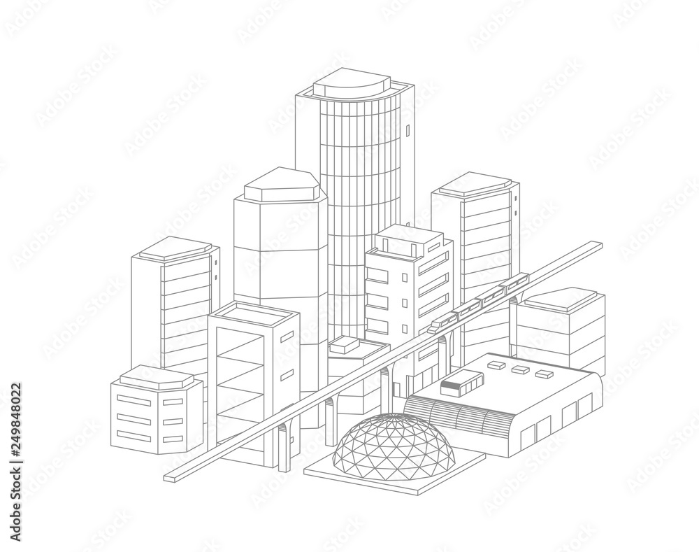 City landscape drawing. Modern architecture, buildings. Train crossing the light rail subway. Gray lines outline contour style background monochrome