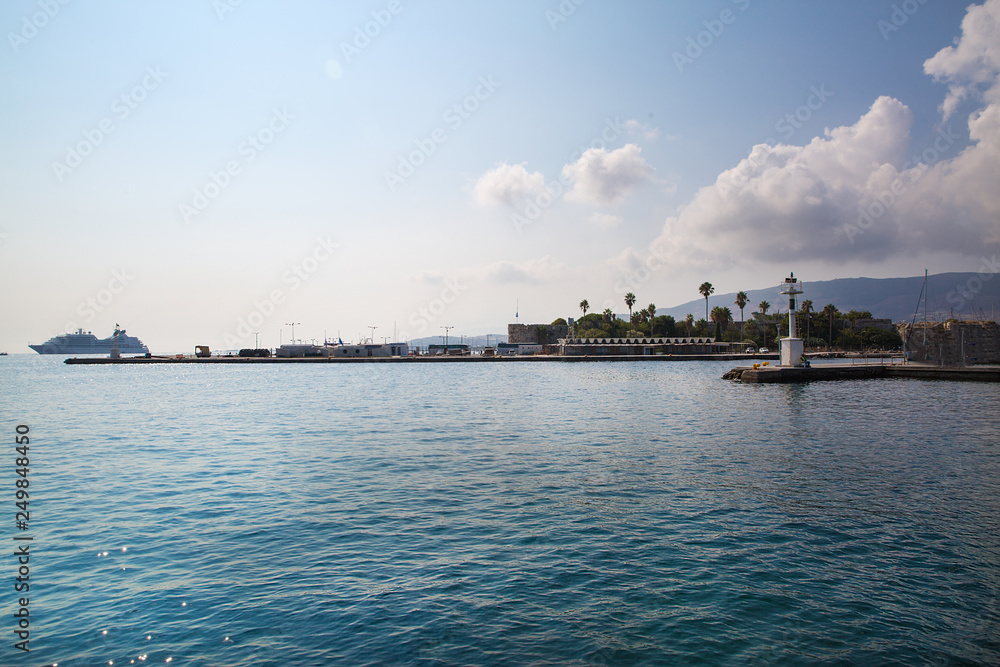 Kos coastline with ancient walls, beautiful summer landscape. Greece. 