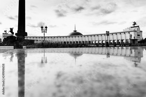 View of the Museum of the great Patriotic War on Poklonnaya hill in Moscow, black and white