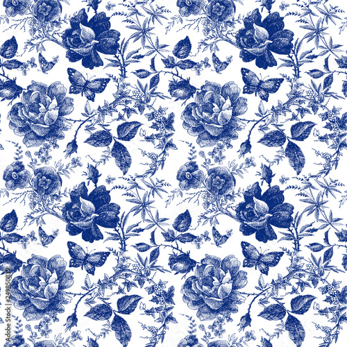 seamless design with roses flowers. Fairytale forest. hand drawn vintage botanical pattern line graphics. fashion textile design Indigo color. floral illustration