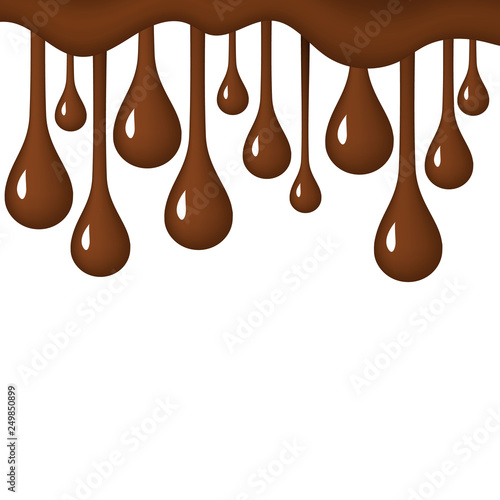 Background of flowing dark chocolate. Splash of melt brown sweet liquid. Melted chocolate drips and flowing.