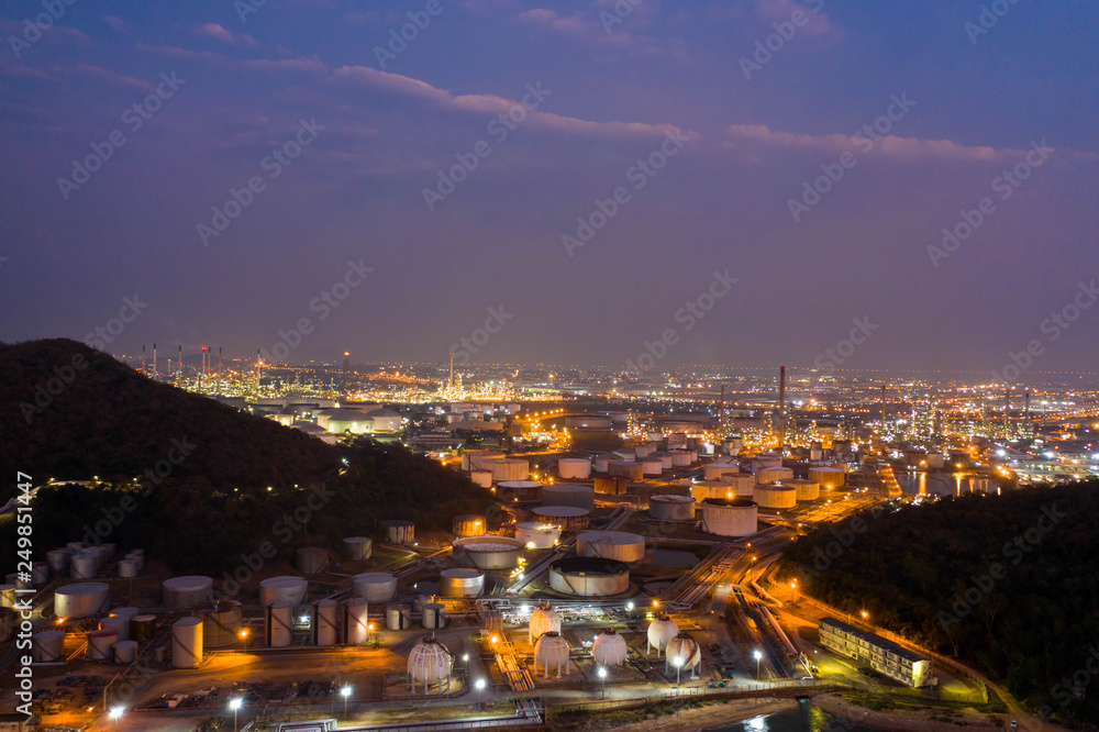 Aerial view. oil refinery factory and Oil industry at twilight. Petrochemical Industrial. 