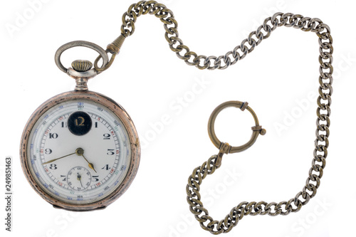 Vintage pocket watch with chain isolated on white background.