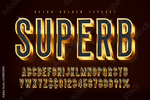 Golden 3d shining font, gold letters and numbers