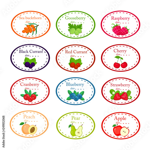 Big set of different labels for jam and conservs with garden fruits
