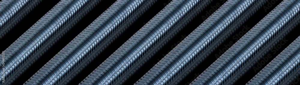 Rectangle image of corrugated striped metal tubes lying in a row on black background with reflection. top view Rectangle image of corrugated striped metal tubes lying in a row on black background with reflection. top view