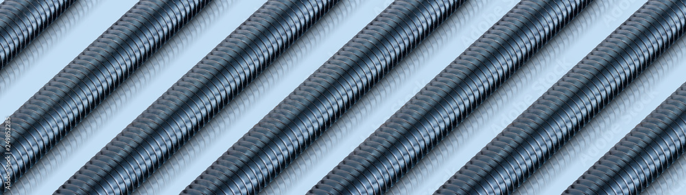 Corrugated striped metal tubes lying in a row on light blue background with reflection. Rectangle image from top view. Corrugated striped metal tubes lying in a row on light blue background with reflection. Rectangle image from top view.