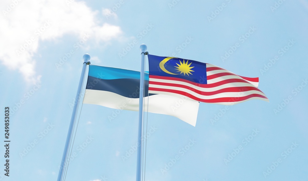 Malaysia and Estonia, two flags waving against blue sky. 3d image