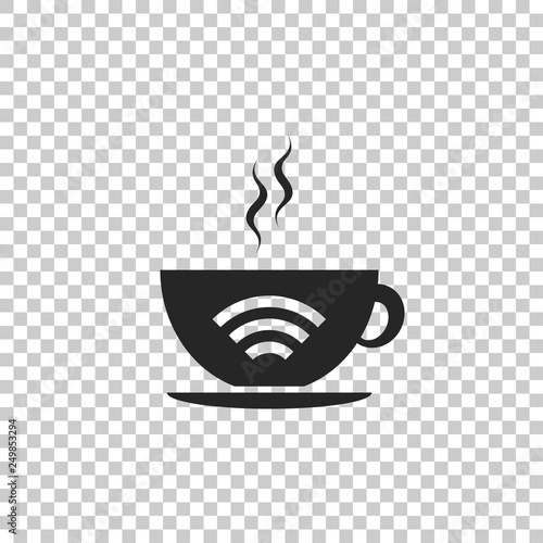 Cup of coffee shop with free wifi zone icon isolated on transparent background. Internet connection placard. Flat design. Vector Illustration