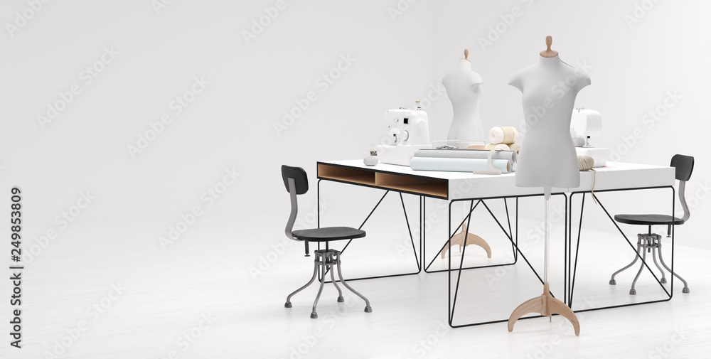 Bright atelier studio  with various sewing items, fabrics and mannequins standing, 3d render
