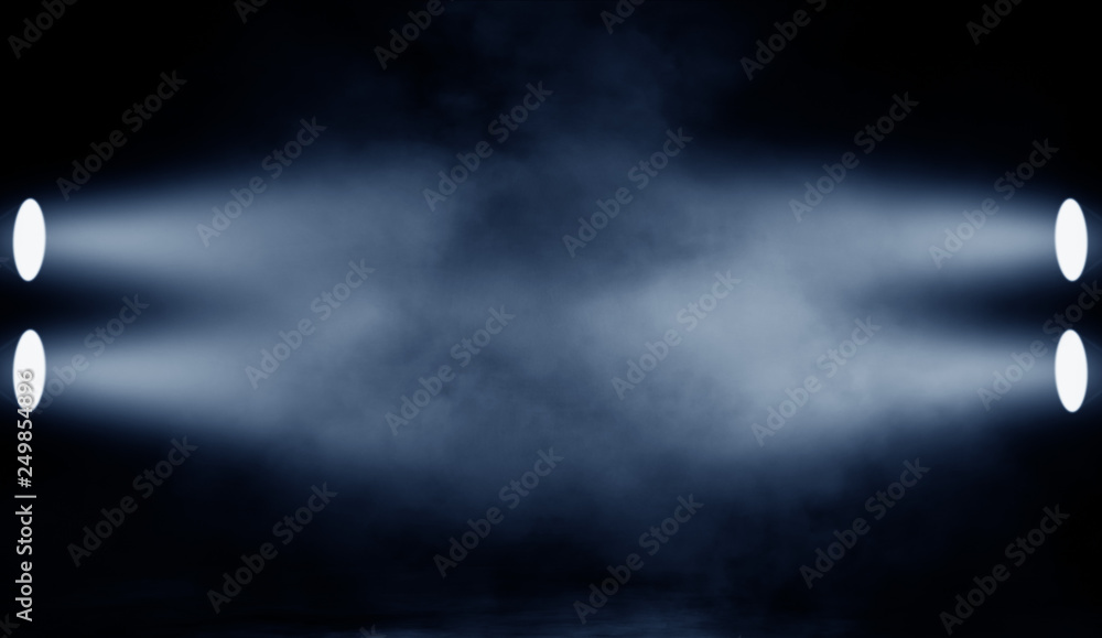 Misty projector . Blue spotlight with smoke fog effect. Isolated on black background.
