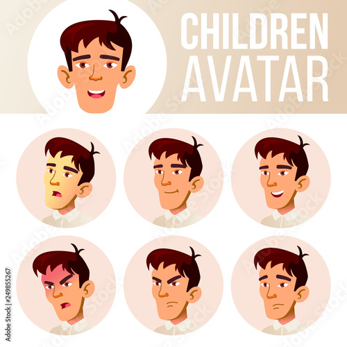 Asian Boy Avatar Set Kid Vector. High School. Face Emotions. Emotions, Emotional. Casual, Friend. Cartoon Head Illustration