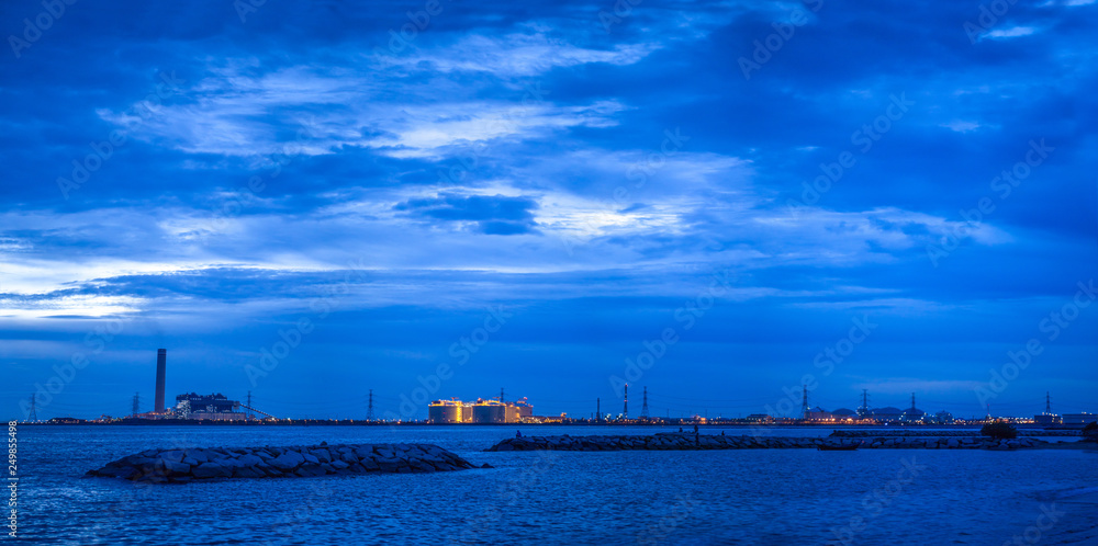Panorama photos Power generation Located in the middle of the sea.During the sunset