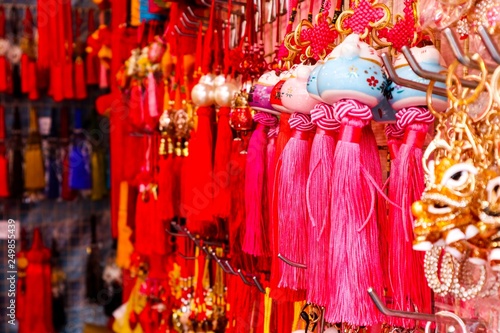 Photography chinese new year decorations hanging in market in singapore