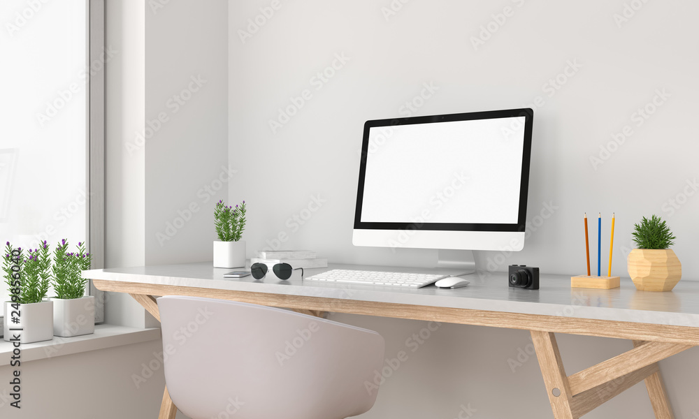 Computer display for mockup on table, 3D rendering Computer display for mockup on table, 3D rendering
