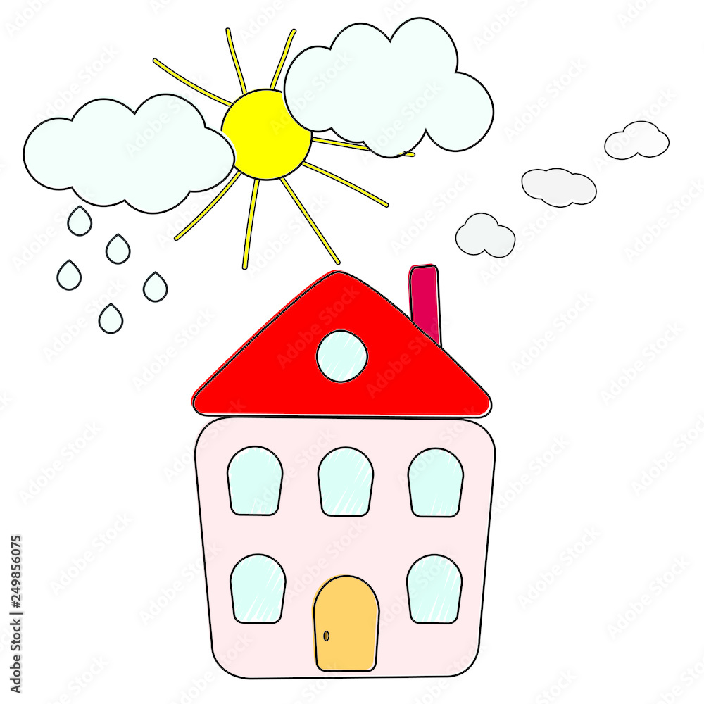 House with red roof and smoke chimney. Sky with sun, clouds and rain. Child color hand drawing