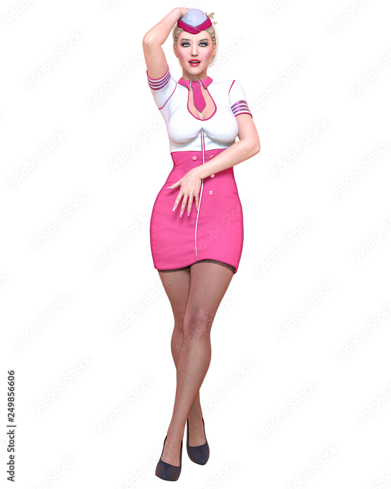 Fototapeta premium Beautiful woman Stewardess.Air hostess flight girl.Short white and pink dress, black stocking.Conceptual fashion art.Green eyes.Seductive candid pose.Realistic 3D render illustration.Isolate, high key