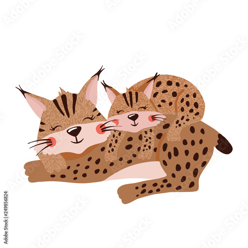 Cute hand drawn lynx family isolated on white.