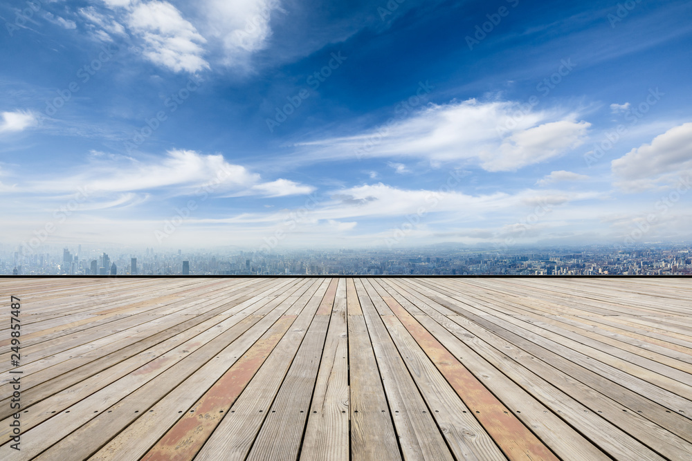 Panoramic city skyline and buildings with wooden square floor in Shanghai,high angle view Panoramic city skyline and buildings with wooden square floor in Shanghai,high angle view