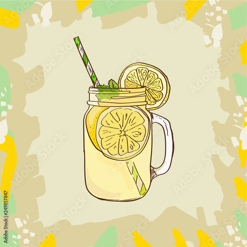 Lemonade in mason jar mug with drinking straw and lemon wedge. Refreshing summer drink vector clip art illustration, doodle style drawing.