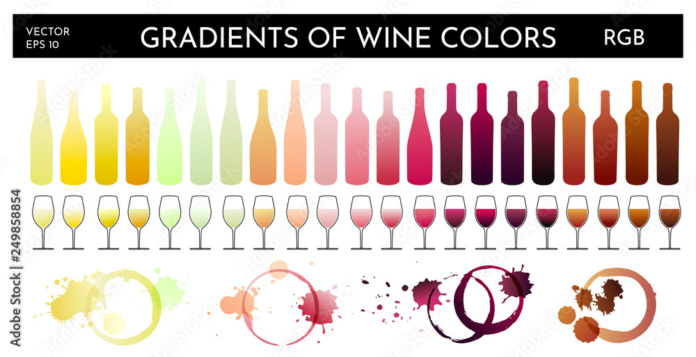 Illustrations of bottles, glasses and wine stains with gradients of