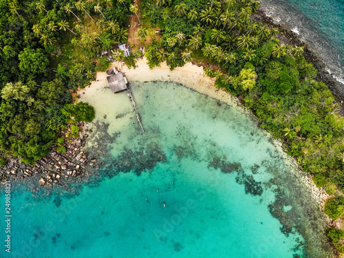 Paysage d'une île avec bungalow en bois sur plage et cocotiers