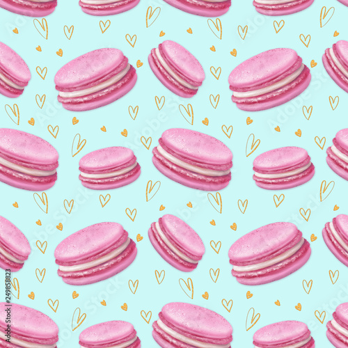 seamless pattern pink macaroni cookies on a blue background with golden hearts