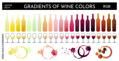 Illustrations of bottles, glasses and wine stains with gradients of wine colors. Tones of different types of wine, red, white and rose.