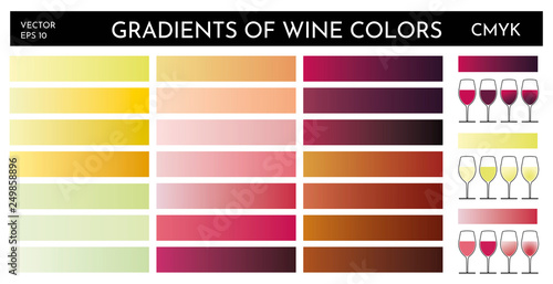 Example of gradients of wine colors. Tones of different types of wine, red, white and pink. Graphic elements for designers.