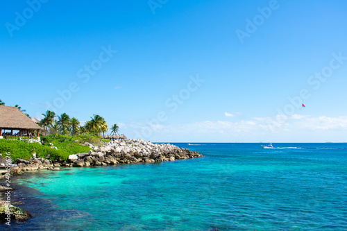 Beautiful landscape Caribbean Sea against clear blue sky during sunny day. 